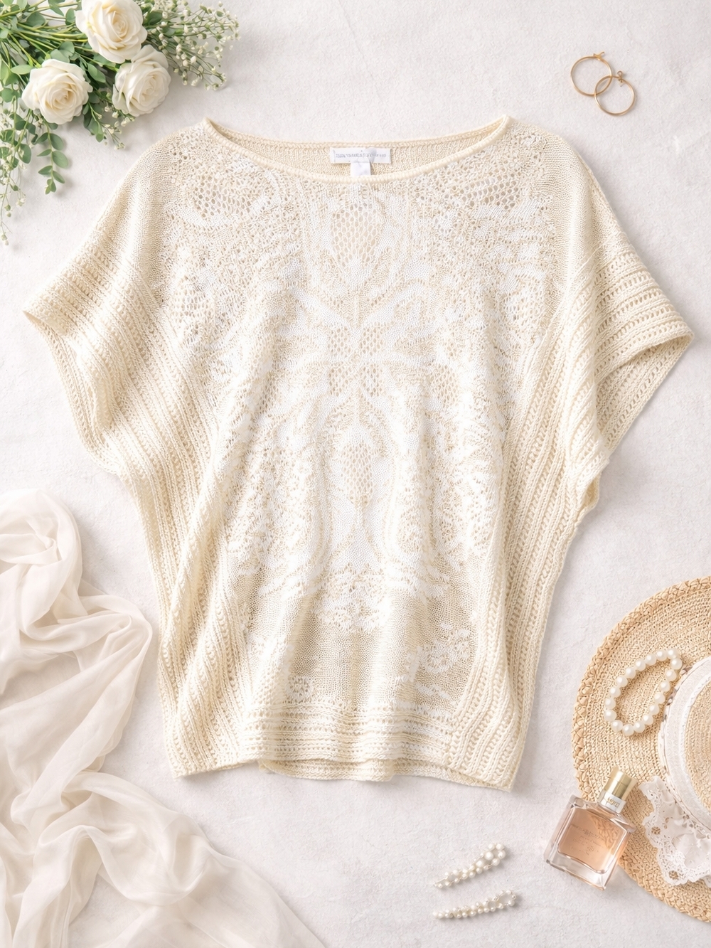 New York & Company Resort Wear Open Knit Batwing Lightweight Dolman Top